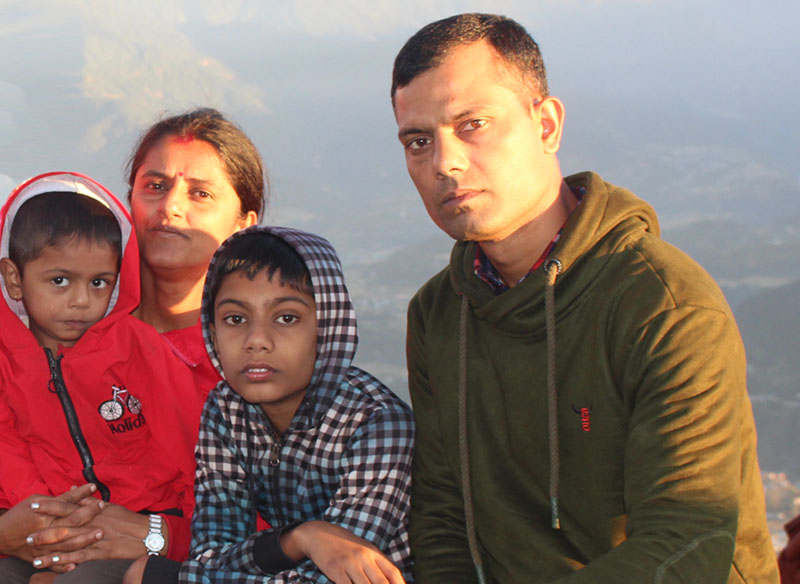 Mr. Netra, with his wife Suchana and two boys Nitish (Right) & Nirjal (Left), 2020