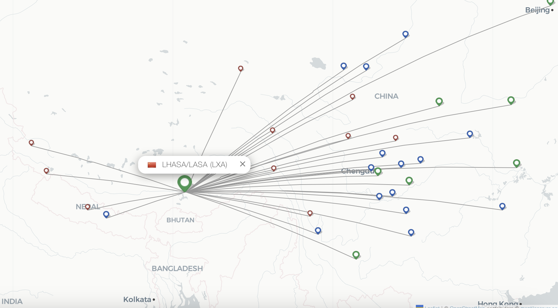 Lhasa Tibet flight sectors